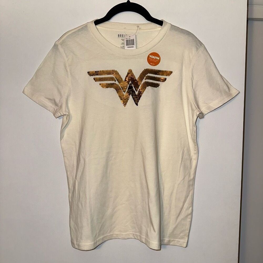 Boxlunch Girls Kids Cream Sequin Wonder Woman Tee Size XL NWT